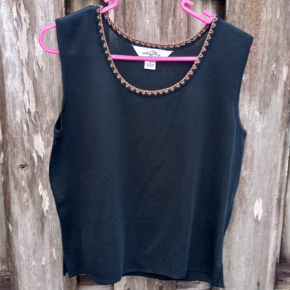 Ming Wang Black Tank Top khaki trim detail S